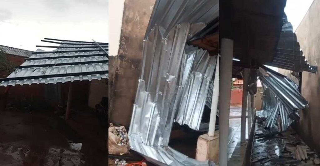 Temporal em Chapadão do Sul: Vendaval arranca telhado de igreja e atira estrutura sobre casa