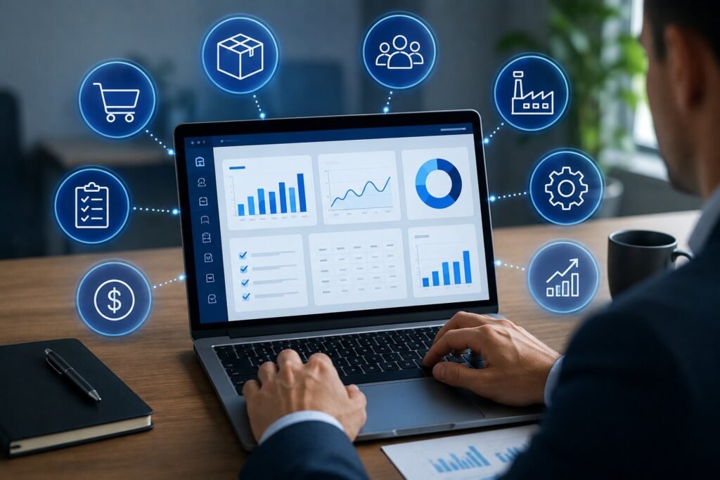 Homem analisando dados em um laptop com ícones de negócios.