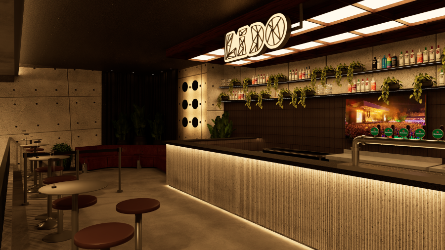 Bar moderno com balcão iluminado e letreiro "LIDO".