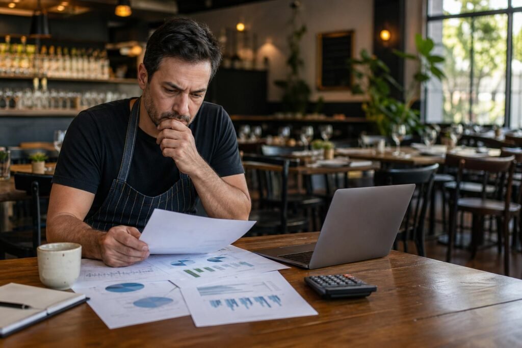 Homem com avental analisando relatórios financeiros em um restaurante.