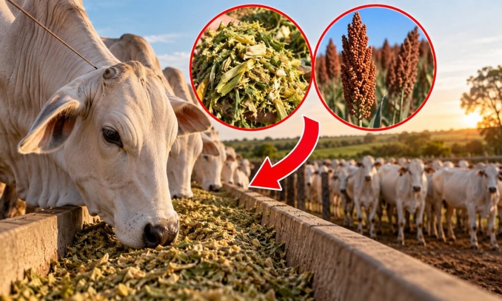 Gado Nelore comendo silagem de sorgo em um cocho.