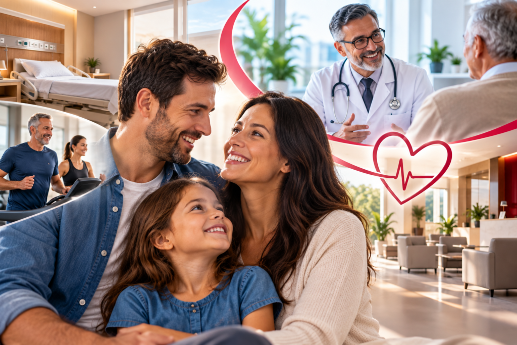 Colagem sobre saúde familiar com médicos, exercícios e hospital.