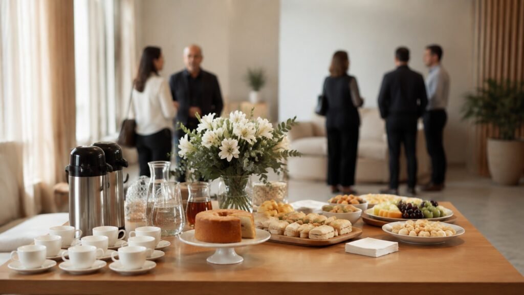 Mesa de coffee break com lanches e pessoas ao fundo.