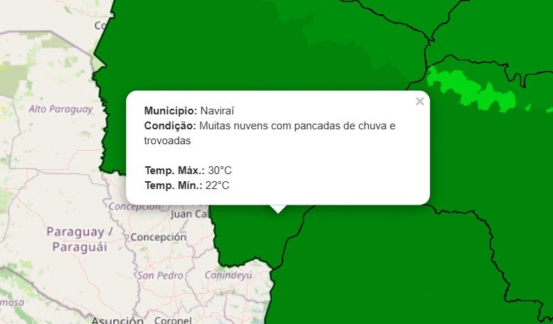 Mapa meteorológico com previsão para o município de Naviraí.