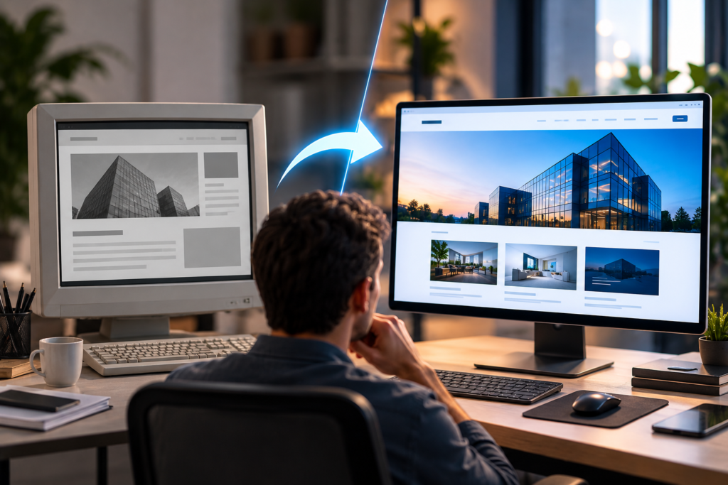 Comparação entre monitor antigo e moderno exibindo design de site.