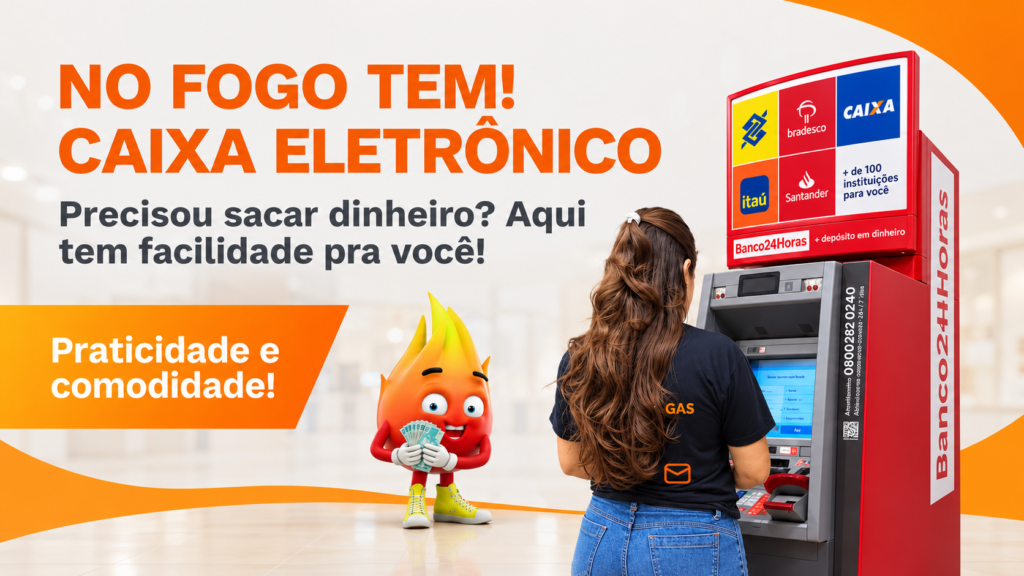 Mulher usando caixa eletrônico Banco24Horas com mascote de fogo.