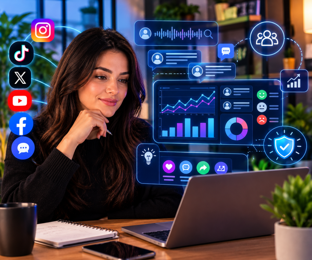 Mulher analisa dados de redes sociais em hologramas futuristas.