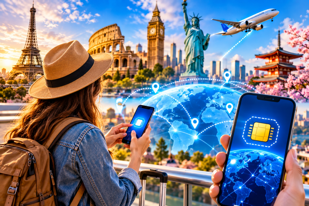 Mulher viajante olhando monumentos globais com foco em tecnologia eSIM.