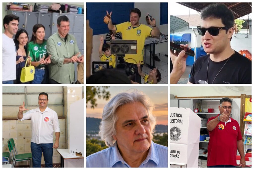 Colagem de seis fotos de pessoas em contextos eleitorais brasileiros.