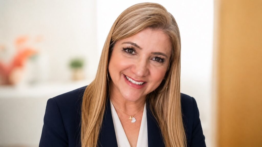 Mulher loira sorridente usando blazer azul marinho.