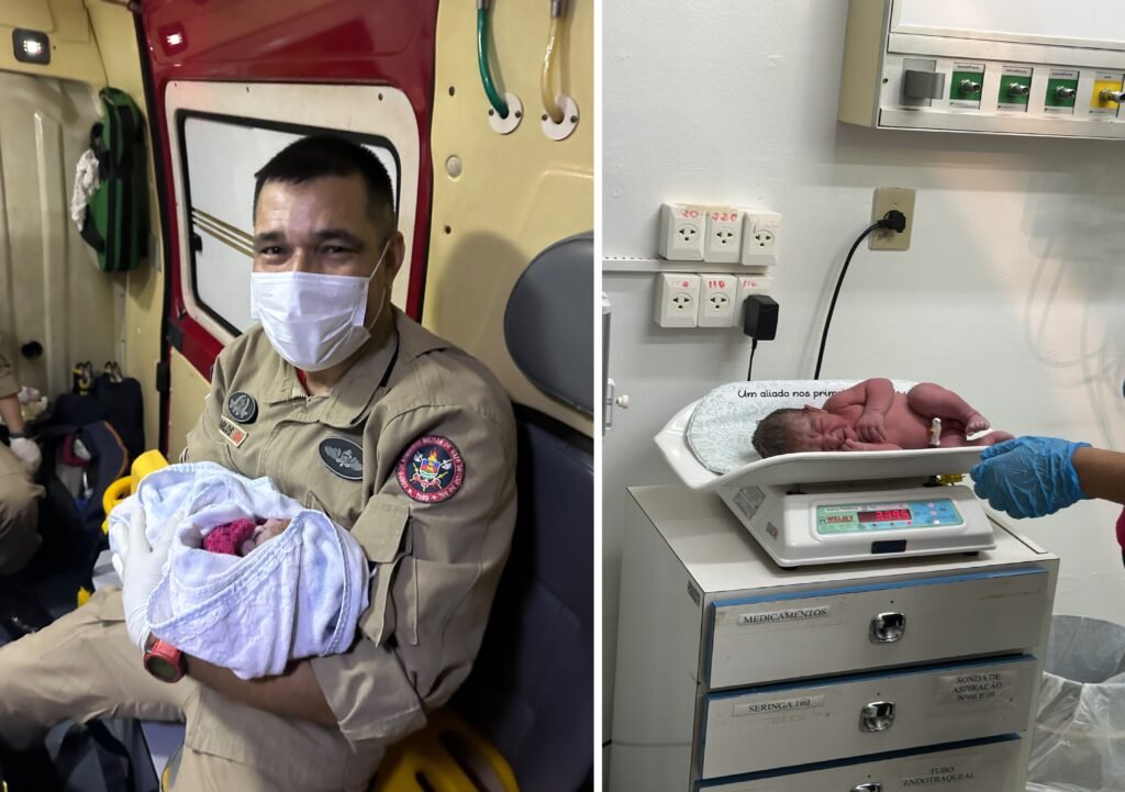 Bombeiro segurando recém-nascido e bebê sendo pesado em balança.