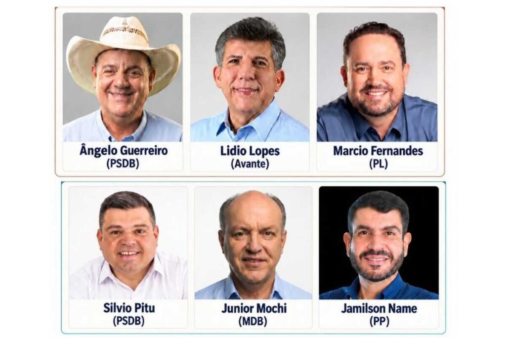 Montagem com fotos de seis políticos e seus respectivos partidos.