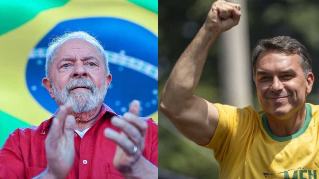 Montagem com Lula à esquerda e Flávio Bolsonaro à direita.