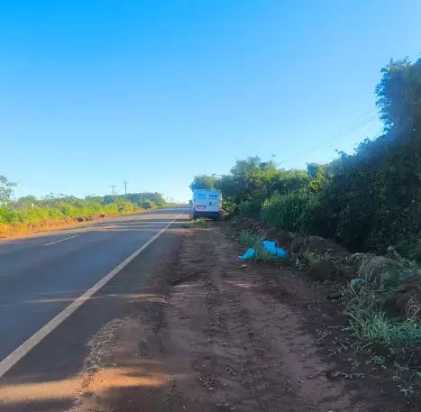 Furgão branco estacionado no acostamento de uma rodovia rural.