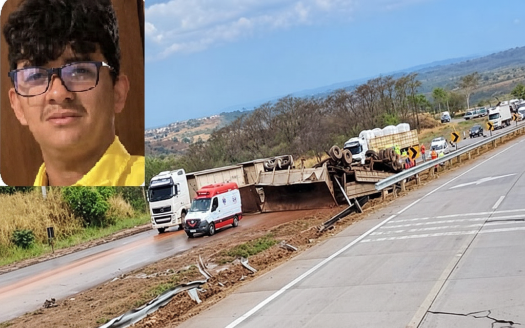 Retrato de homem ao lado de cena de acidente rodoviário.
