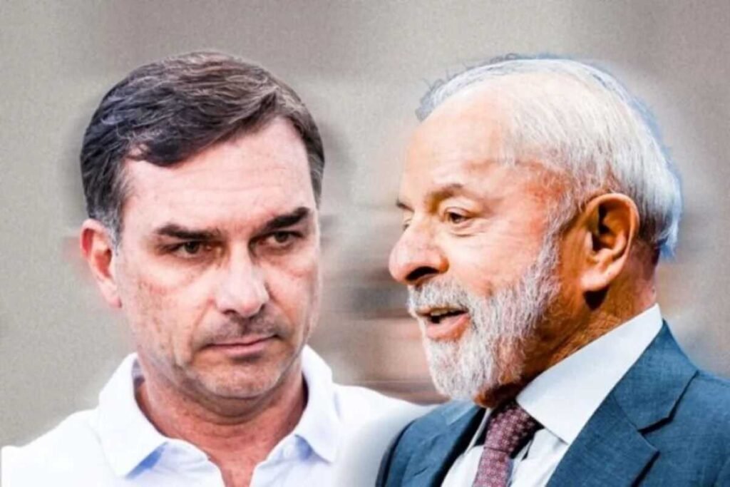 Flávio Bolsonaro e Lula em montagem fotográfica lado a lado.