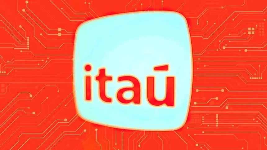 Logo do banco Itaú sobre fundo laranja com circuitos eletrônicos.
