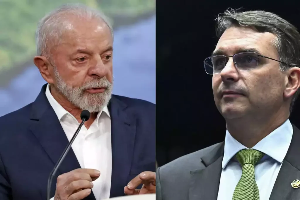 Imagens lado a lado de Lula e Flávio Bolsonaro.