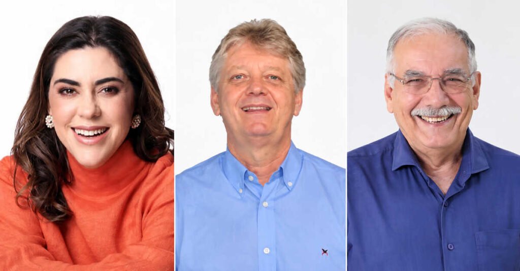 Três retratos individuais de pessoas sorridentes lado a lado.