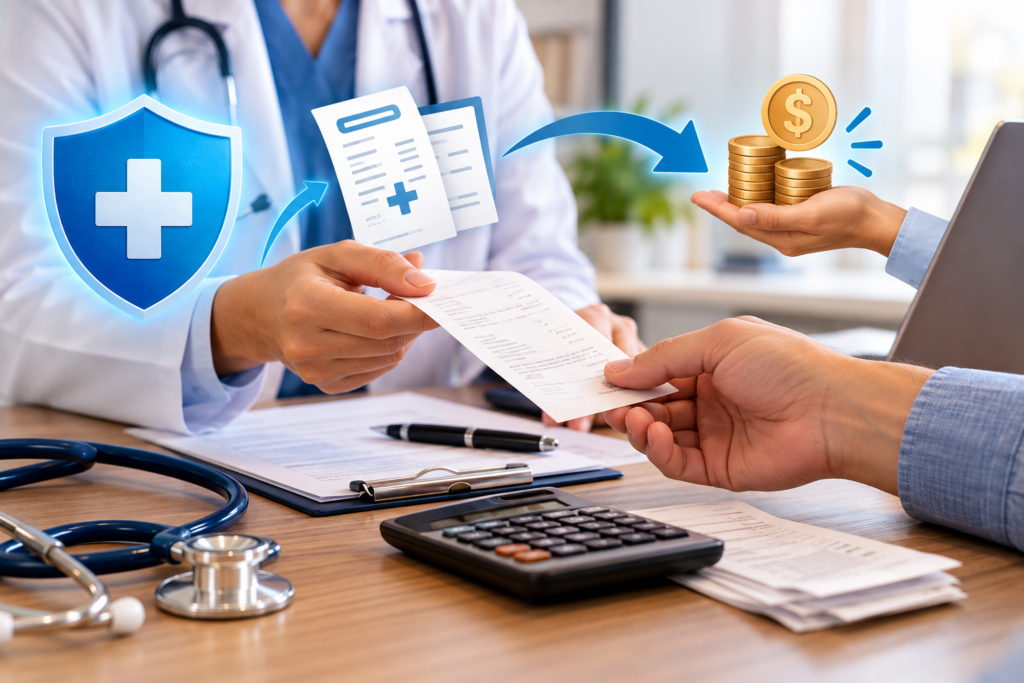 Médico entregando documentos com ícones de seguro saúde e moedas.