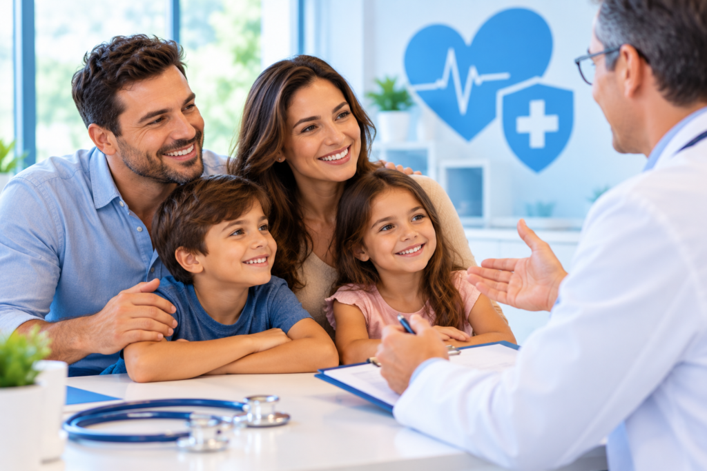 Família sorridente consultando um médico em um consultório iluminado.