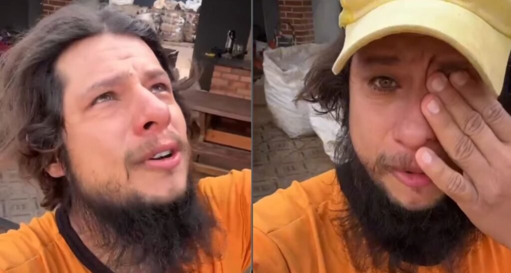 Homem de barba expressando emoção em duas fotos diferentes.