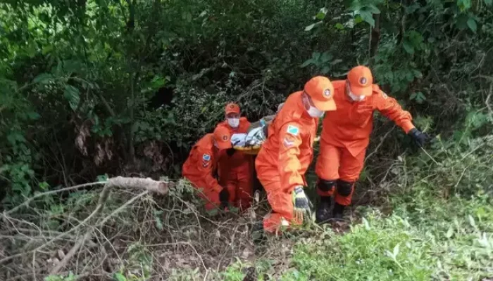 Momento em que homem foi resgatado por equipe do Corpo de Bombeiros (Foto: Portal de Aquidauana)