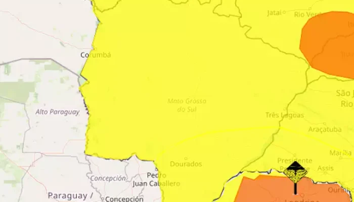 Todo MS aparece "pintado" de amarelo, área onde podem ocorrer chuva e temporais (Arte: Inmet)