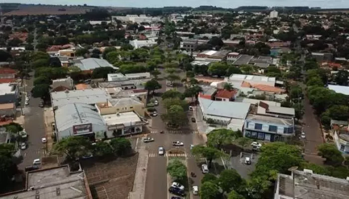 Vista aérea de uma cidade com árvores e prédios baixos.