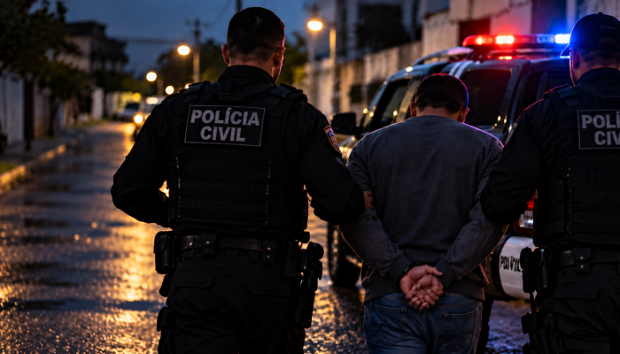 Policiais civis efetuando a prisão de um suspeito à noite.