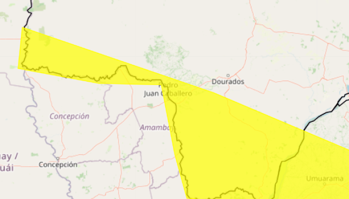 O mapa destaca em amarelo as áreas sob aviso do INMET, válido de 19 a 20 de junho de 2025.