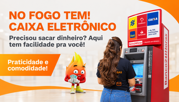 Mulher usando caixa eletrônico Banco24Horas com mascote de fogo.
