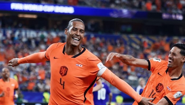 Virgil van Dijk comemora gol marcado pela Holanda contra o Japão — Foto: Virgil