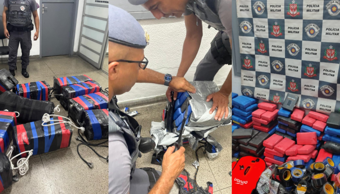 Foto: A PM apreendeu 255 tijolos de pasta base de cocaína já embalados • Reprodu