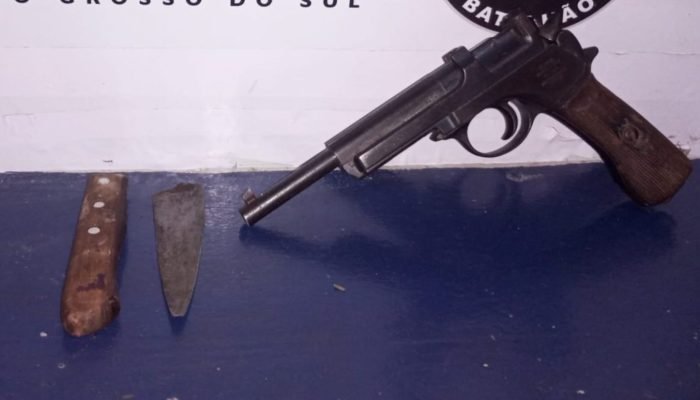 Arma, faca e lâmina apreendida durante a ocorrência. — Foto: Arma, faca e lâmina