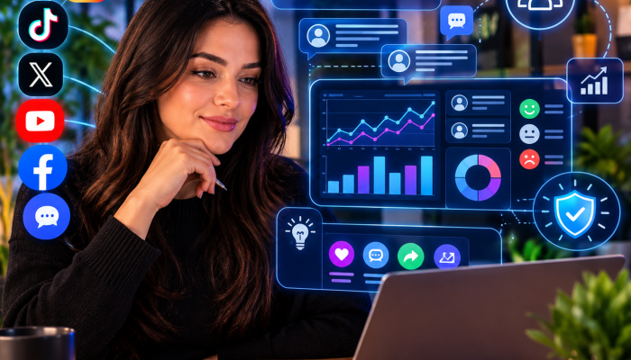 Mulher analisa dados de redes sociais em hologramas futuristas.