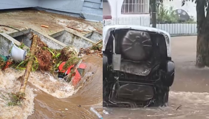 Veículos foram arrastados pela força das chuvas no centro de Petrópolis — Foto: