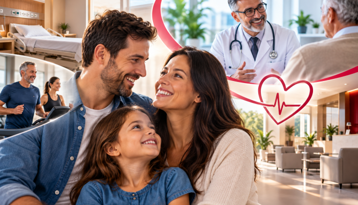 Colagem sobre saúde familiar com médicos, exercícios e hospital.