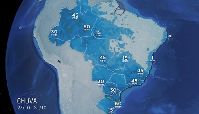 Estimativa do volume de chuva sobre o Brasil entre 27 e 31 de outubro de 2025 (Fonte: Climatempo)