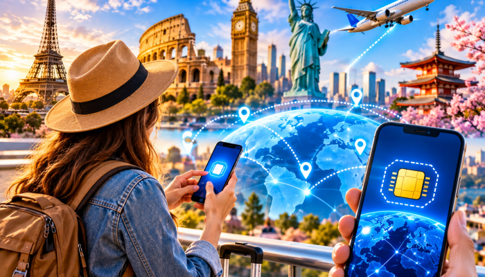Mulher viajante olhando monumentos globais com foco em tecnologia eSIM.