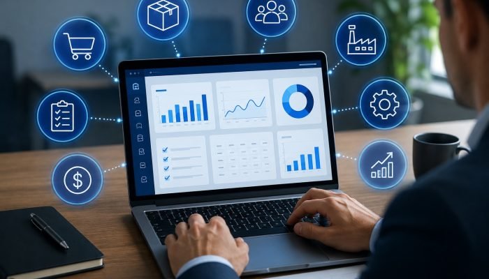 Homem analisando dados em um laptop com ícones de negócios.