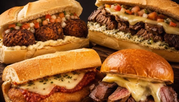 Quatro sanduíches artesanais suculentos em uma tábua de madeira.