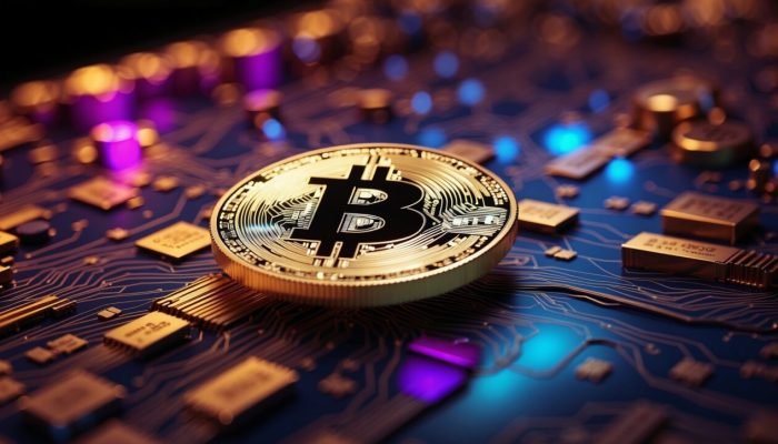 Moeda de Bitcoin dourada sobre uma placa de circuito iluminada.