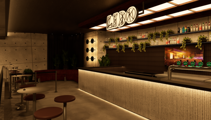 Bar moderno com balcão iluminado e letreiro "LIDO".