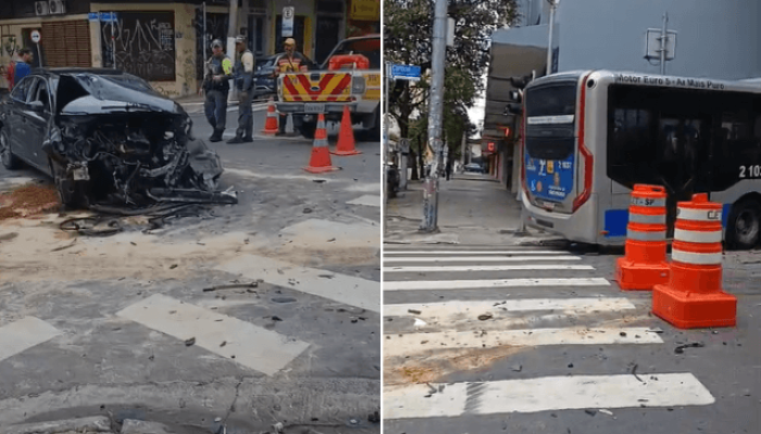Acidente entre ônibus e carro deixa cinco feridos em Pinheiros, SP — Foto: Acide