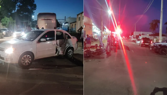 A região do acidente registra danos graves nos veículos após colisão na contra-m