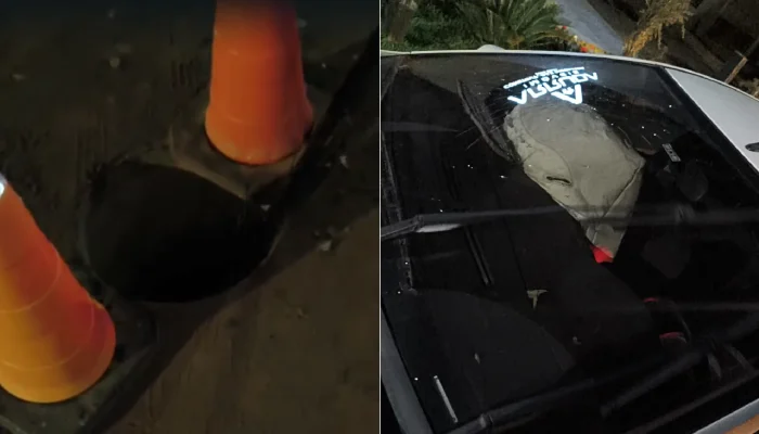 Queda no bueiro gerou o impacto — Foto: Queda no bueiro gerou o impacto (Foto: F