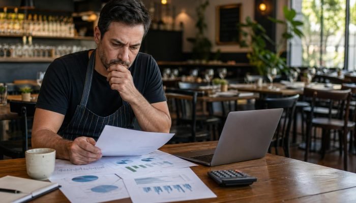Homem com avental analisando relatórios financeiros em um restaurante.