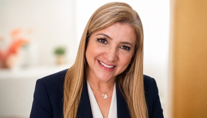 Mulher loira sorridente usando blazer azul marinho.