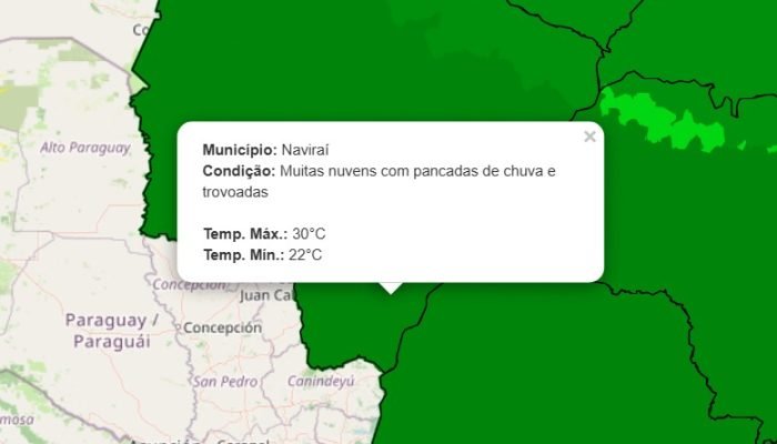 Mapa meteorológico com previsão para o município de Naviraí.